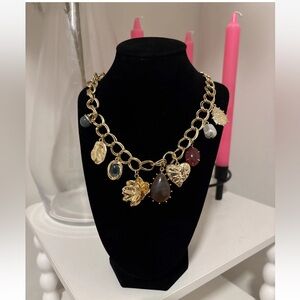 Bold Statement Charm Necklace - Heart & Flower Charms, Mixed Gemstone Accents